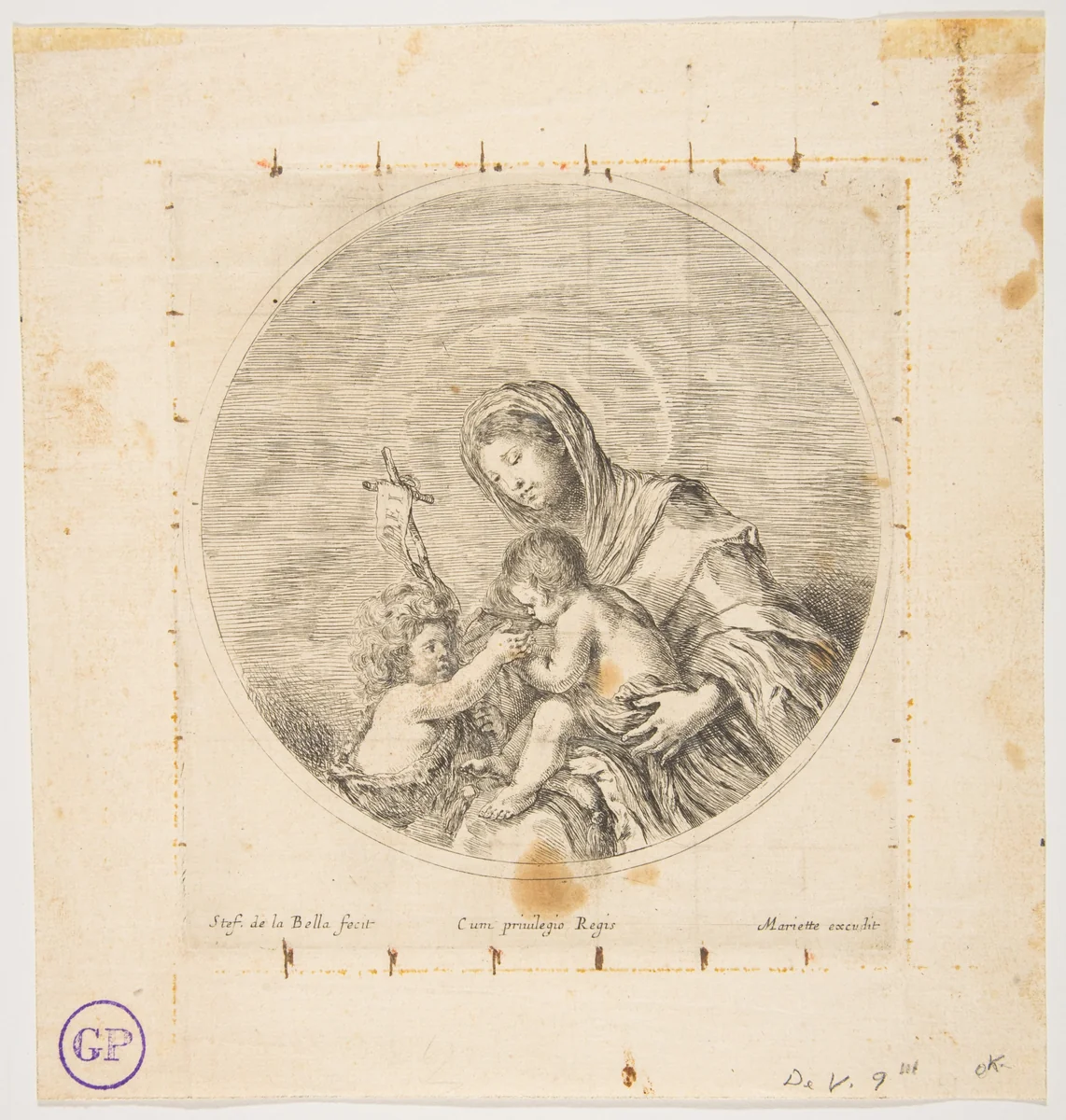 The Virgin and Child with Saint John, a round composition by Stefano della Bella, print, 1636-1646