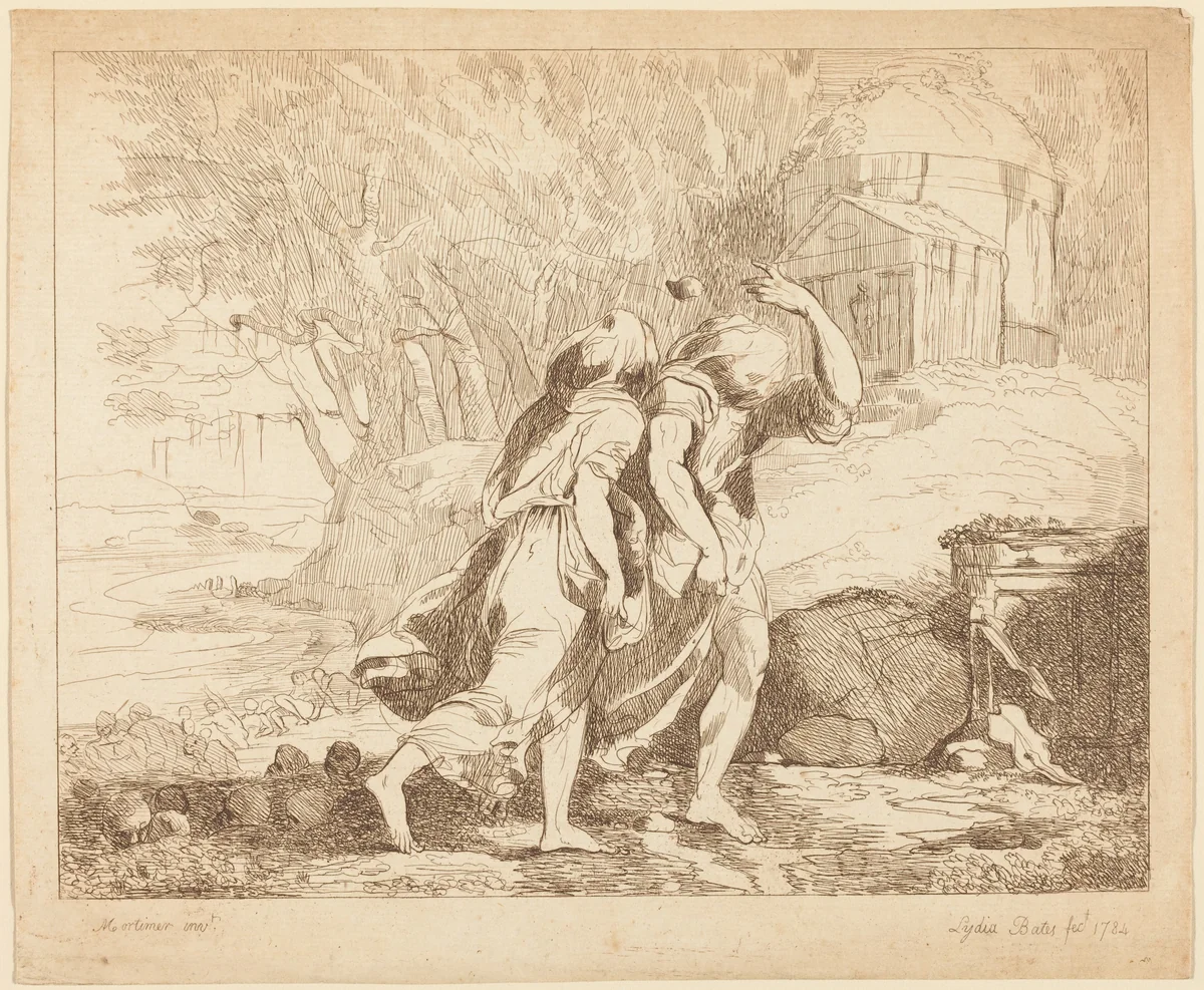 Two Fleeing Figures (Atlanta and Hippomenes?) by Lydia Bates, print, 1784