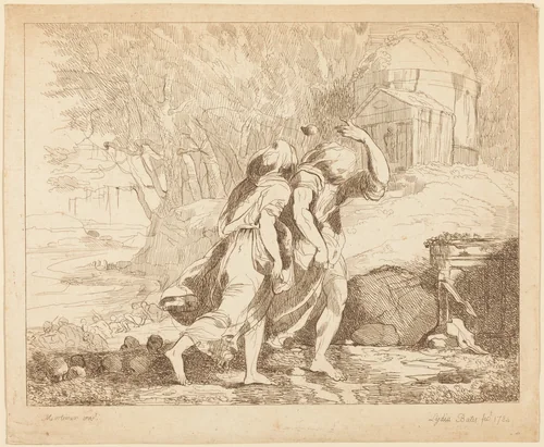 Two Fleeing Figures (Atlanta and Hippomenes?) by Lydia Bates, print, 1784