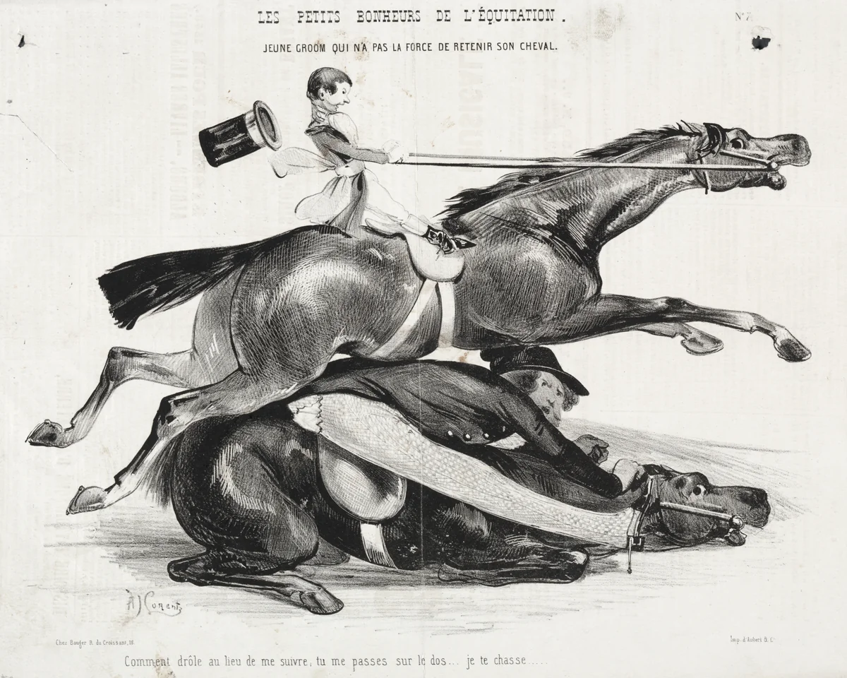 Les petits bonheurs de l'équitation: Jeune Groom qui n'a pas la force de retenir son cheval by Alade Joseph Lorentz, print, 1842