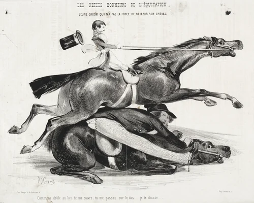 Les petits bonheurs de l'équitation: Jeune Groom qui n'a pas la force de retenir son cheval by Alade Joseph Lorentz, print, 1842