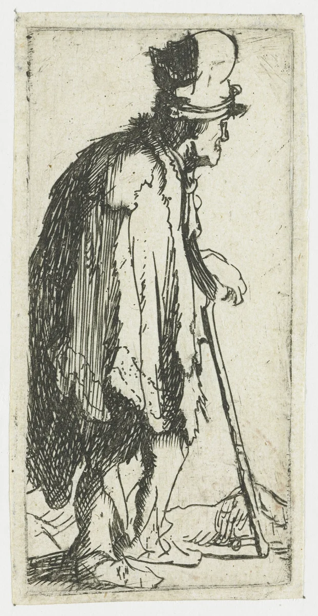 Beggar with a clenched hand, leaning on a stick by Rembrandt van Rijn, print, 1629