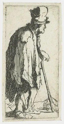 Beggar with a clenched hand, leaning on a stick by Rembrandt van Rijn, print, 1629