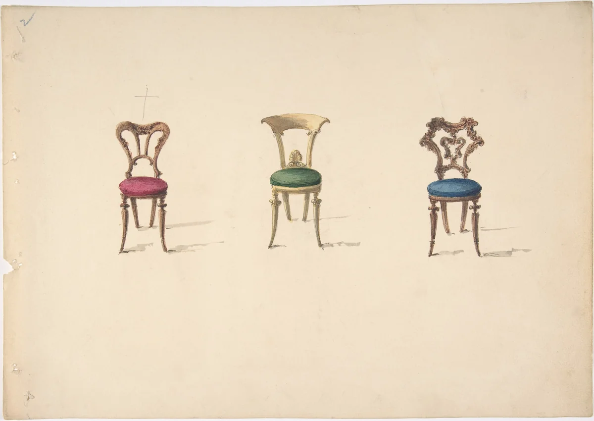 Design for Three Chairs with Red, Green and Blue Seats by anonymous, drawing, 1800-1850