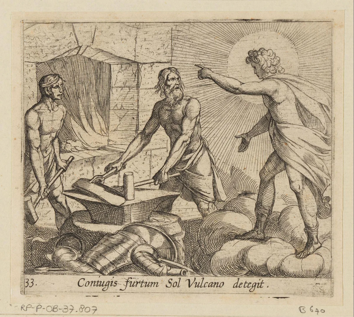 Apollo in de smederij van Vulcanus by Antonio Tempesta, print, 1606