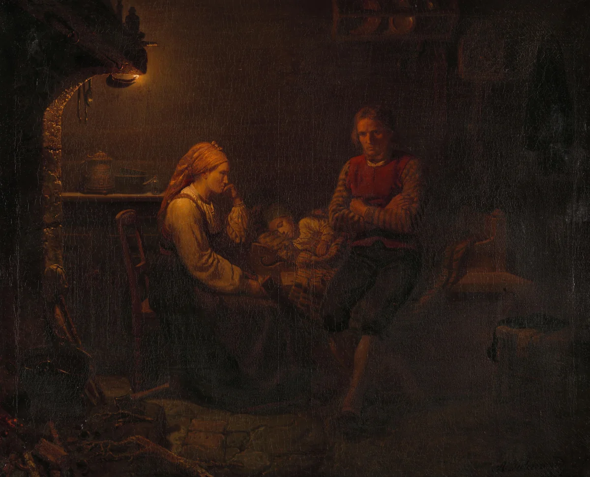 Ouders bij het ziekbed van hun kind by Adolph Tidemand, painting, 1851
