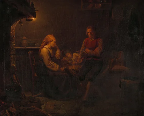 Ouders bij het ziekbed van hun kind by Adolph Tidemand, painting, 1851