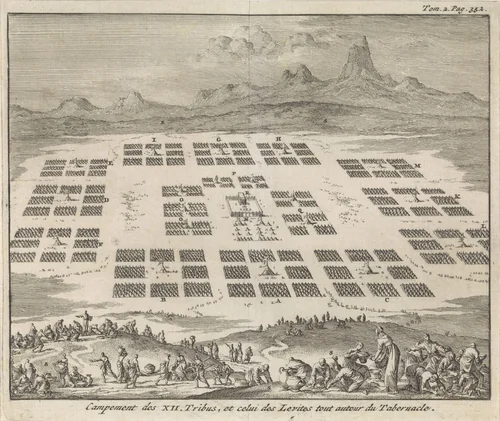 Tentenkampen van de twaalf stammen van Israël opgesteld rondom het tabernakel by Jan Luyken, print, 1705