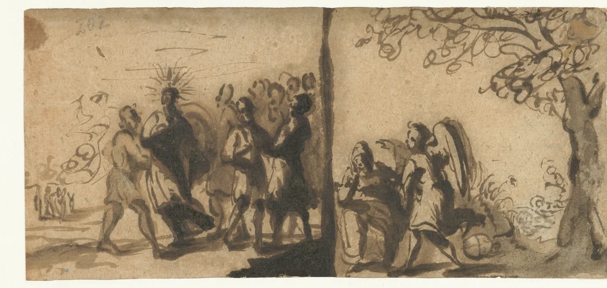 De ongelovige Thomas en Hagar en de engel in de woestijn by Unknown, drawing, 1593-1690