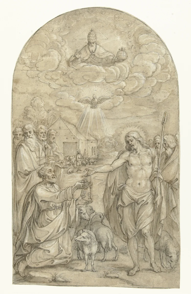Sleuteloverdracht by Pieter de Jode, drawing, 1615-1634