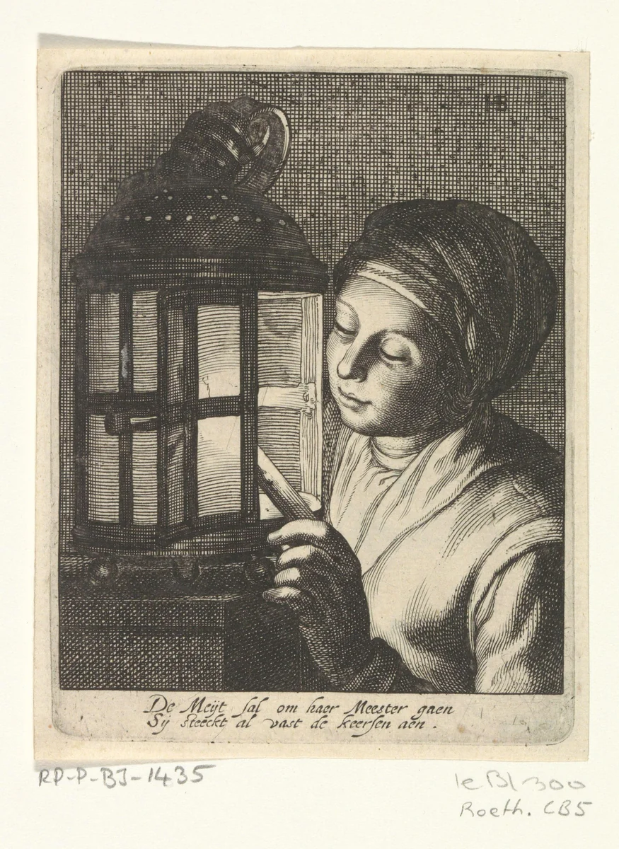 Meisje met lantaarn by Cornelis Bloemaert, print, 1625