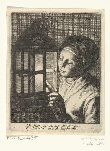 Meisje met lantaarn by Cornelis Bloemaert, print, 1625