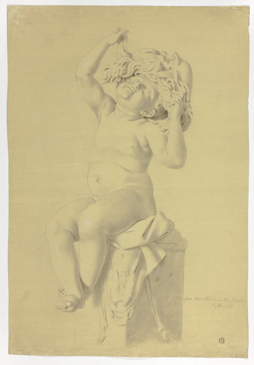 Antique Statue of Seated Putto Holding Mask of Silenus by John Downman, drawing, 1775