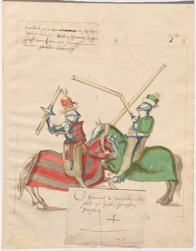 German Joust of Peace in High Saddles by German 16th Century, drawing, 1515
