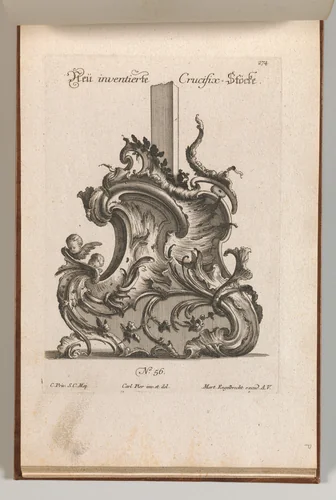 Design for the Base of a Crucifix, Plate 1 from: 'Neü inventierte Crucifix= Stöcke' by Jacob Gottlieb Thelot, book, 1745-1755