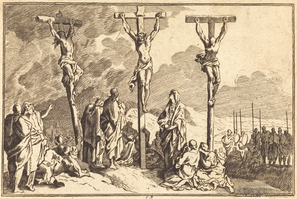 The Virgin, Saint John, and Mary Magdalene at the Foot of the Cross by Sébastien Le Clerc I, print, 1600-1699