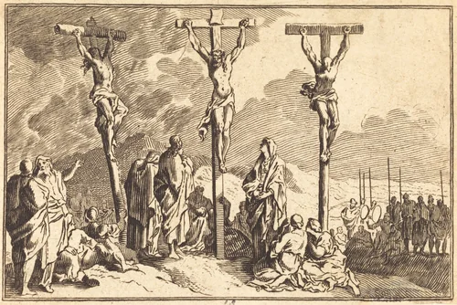 The Virgin, Saint John, and Mary Magdalene at the Foot of the Cross by Sébastien Le Clerc I, print, 1600-1699
