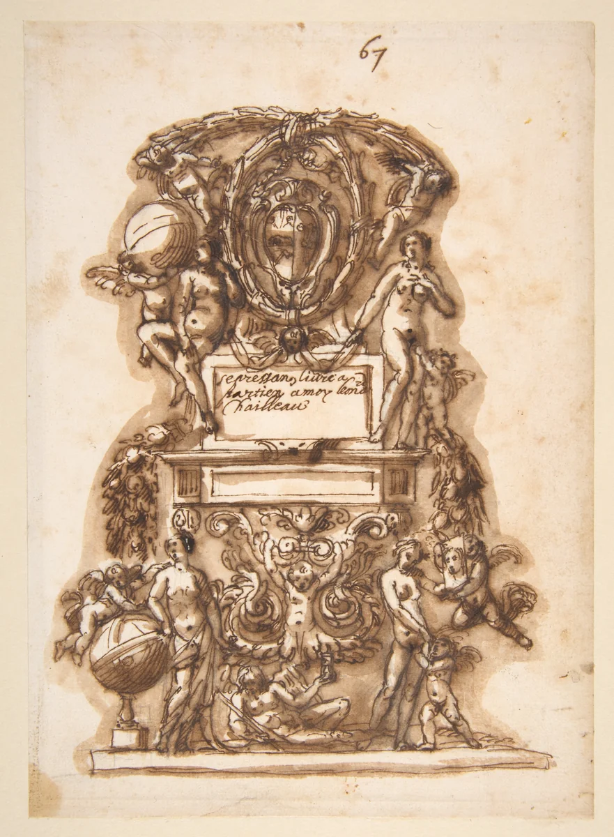 Ornamental Motif Surmounted by a Coat of Arms by Leonardo Scaglia, drawing, 1640-1650
