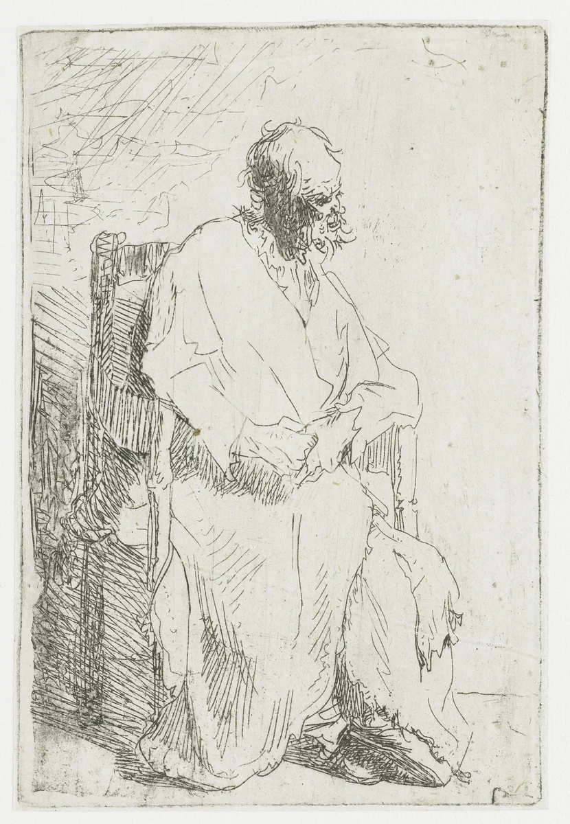 Bedelaar, zittend in een leunstoel by Rembrandt van Rijn, print, 1629