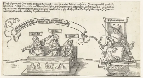 Gerechtigheid, Waarheid en Vernuft geketend; de onrechtvaardige rechter en de Vredelievendheid by Unknown, print, 1521-1528