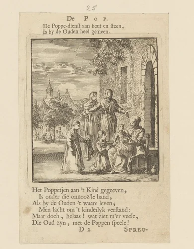 Drie meisjes spelen op straat met een pop by Jan Luyken, print, 1712