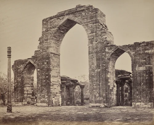 Delhi. Great Arch and Iron Pillar Near the Kootub Minar, Ruin of Old Delhi by Samuel Bourne, photograph, 1863-1870