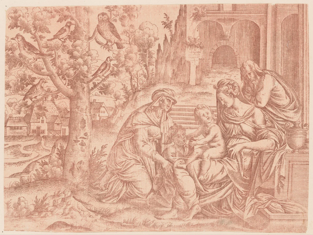 Heilige Familie met vogels by Unknown, print, 1544