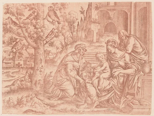 Heilige Familie met vogels by Unknown, print, 1544