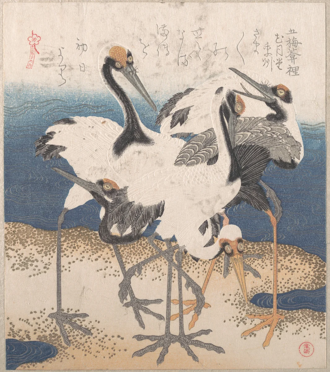 Five Cranes by the Water’s Edge, from the series Three Sheets (Mihira no uchi) by Totoya Hokkei (魚屋北渓), print, 1814-1816