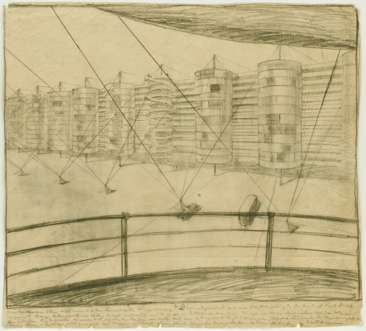 Suspension Houses Project (Perspective sketch) by Bodo Rasch, Heinz Rasch, architecture, 1927