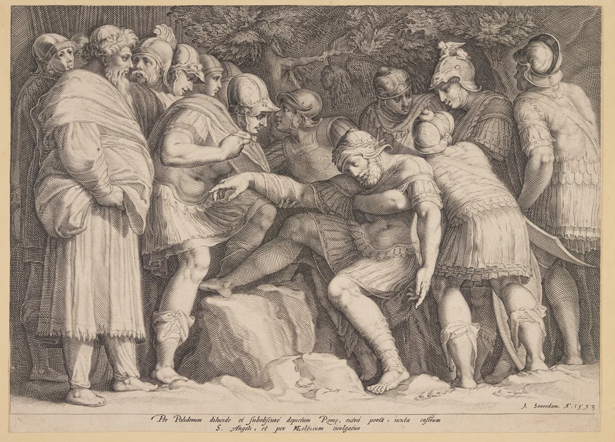 The Wounded Scipio Carried from Battle by his Sons by Jan Saenredam, print, 1593