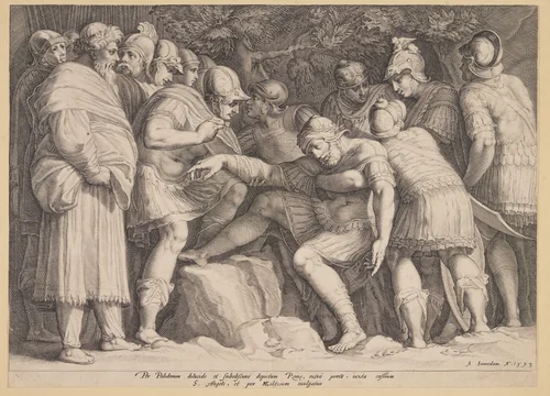 The Wounded Scipio Carried from Battle by his Sons by Jan Saenredam, print, 1593