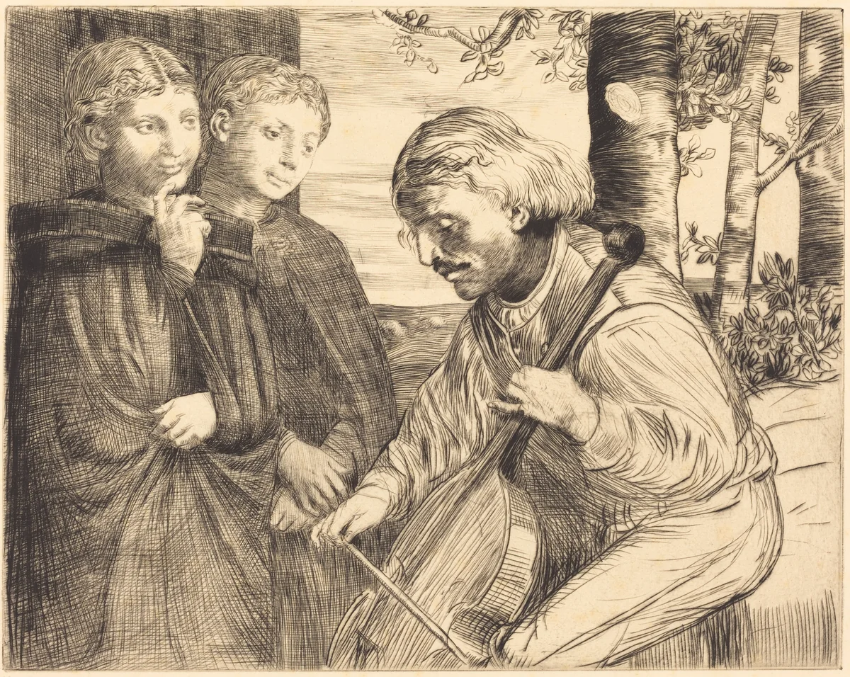 Viol Player (Le joueur de viole) by Alphonse Legros, print, 1837-1911