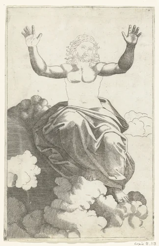 Christus zittend op wolken met opgeheven armen by anonymous, print, 1520-1575