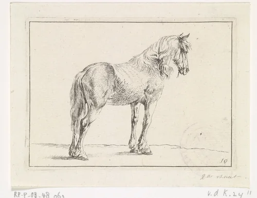 Staand paard naar rechts by Dirk Maas, print, 1710-1717
