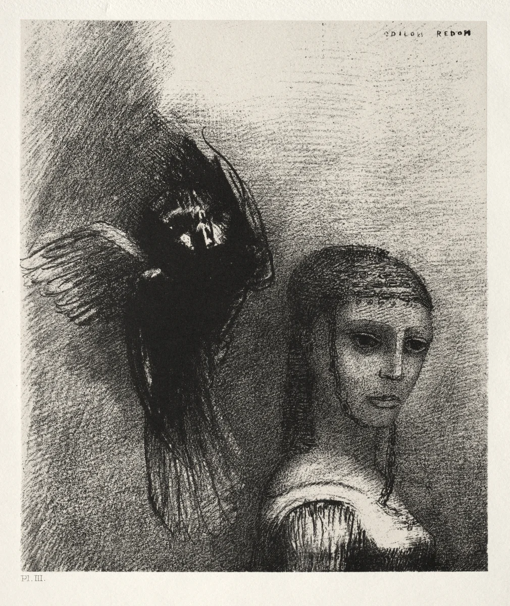 And a Large Bird, Descending from the Sky, Hurls Itself against the Topmost Point of Her Hair by Odilon Redon, print, 1888