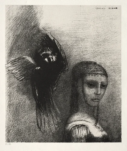 And a Large Bird, Descending from the Sky, Hurls Itself against the Topmost Point of Her Hair by Odilon Redon, print, 1888