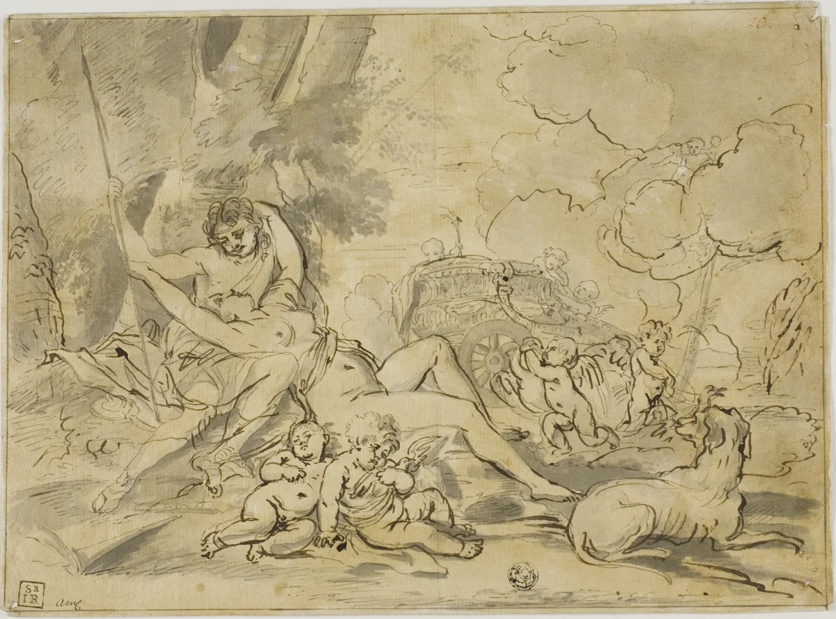 Figures, Chariot and Dog by Nicolas Poussin, drawing, 1624-1665