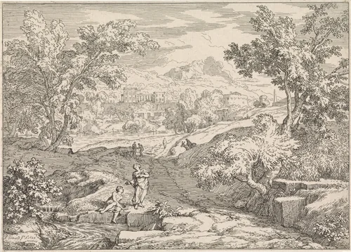 Arcadisch landschap met beekje by Abraham Genoels, print, 1689