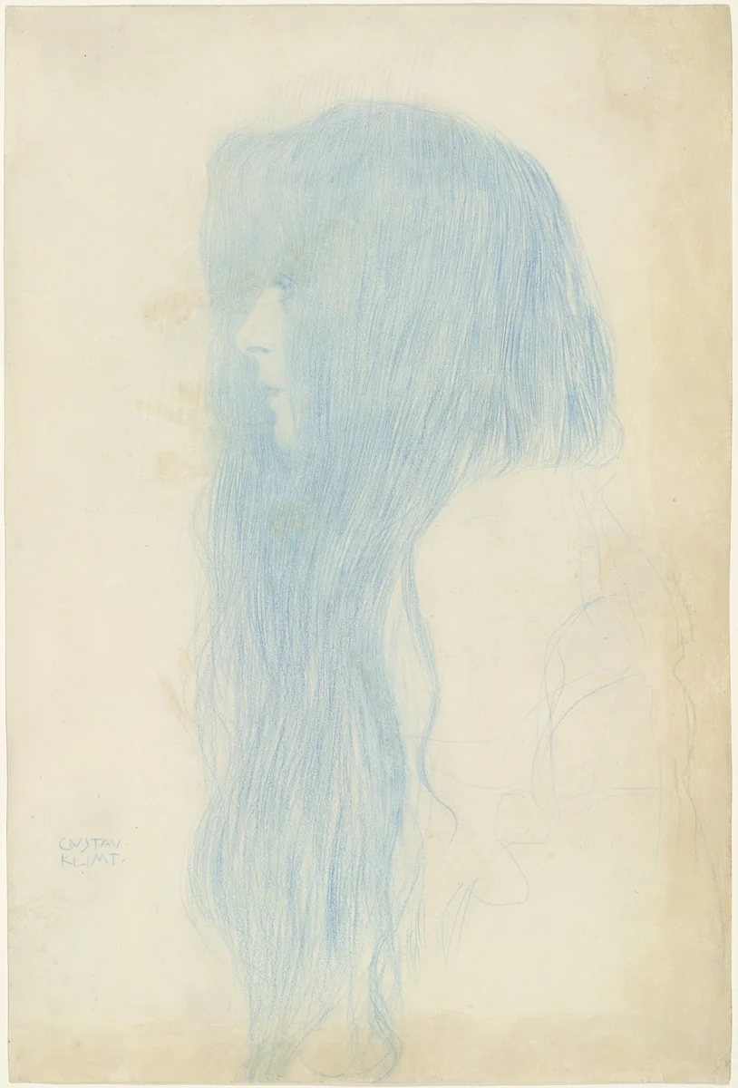 Profile of a Girl (Study for 'Thalia and Melpomene') (Brustbild eines Mädchens mit langem Haar im Profil nach links) by Gustav Klimt, drawing, 1898