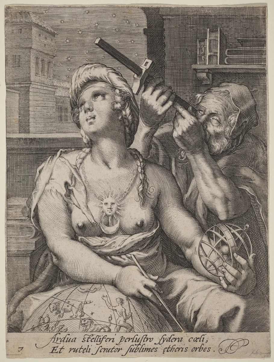 Astronomy by Cornelis Jacobsz Drebbel; Hendrick Goltzius, print, 1572-1633