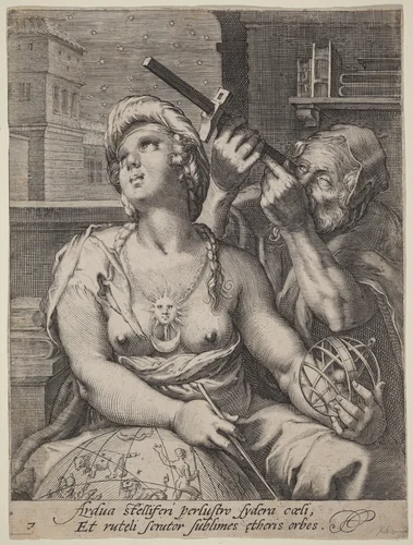 Astronomy by Cornelis Jacobsz Drebbel; Hendrick Goltzius, print, 1572-1633