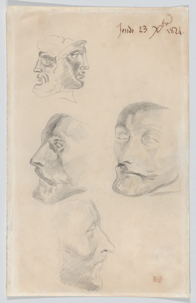 Studies of a Bearded Head and a Greek or Roman Coin by Eugène Delacroix, drawing, 1819-1829