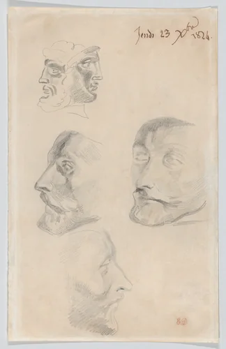 Studies of a Bearded Head and a Greek or Roman Coin by Eugène Delacroix, drawing, 1819-1829