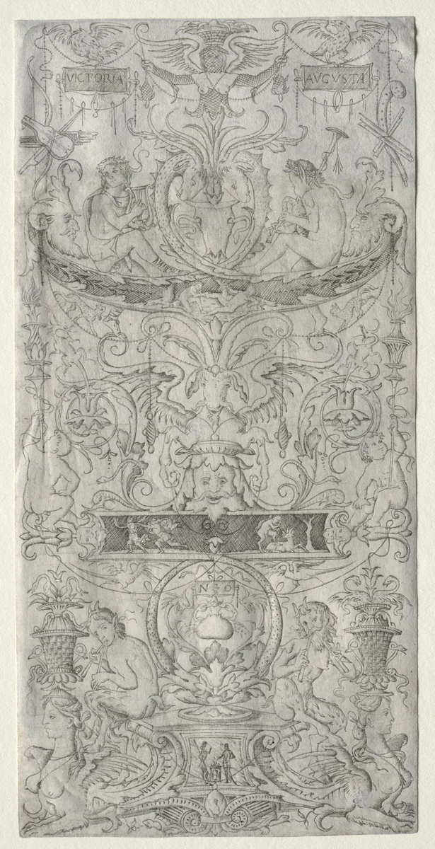 Panel of Ornament Inscribed Victoria Augusta by Nicoletto da Modena, print, 1502-1512