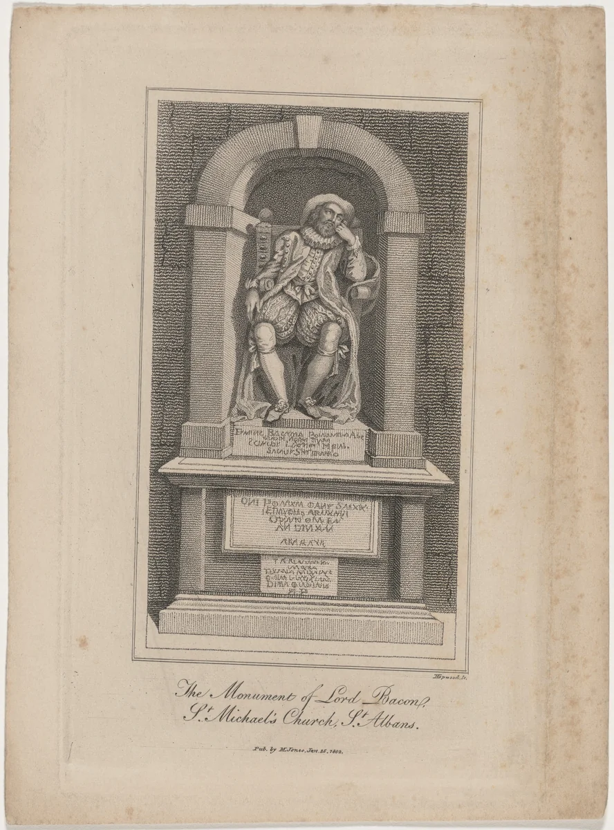 The Monument of Lord Bacon, Saint Michael's Church by James Hopwood, print, 1752-1819