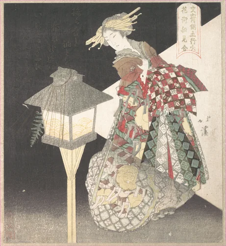 Courtesan by a Lantern, “Fire,” from the series Five Elements for the Bunsai Poetry Group, a Guide to the Yoshiwara Pleasure Quarters by Totoya Hokkei (魚屋北渓), print, 1810-1830