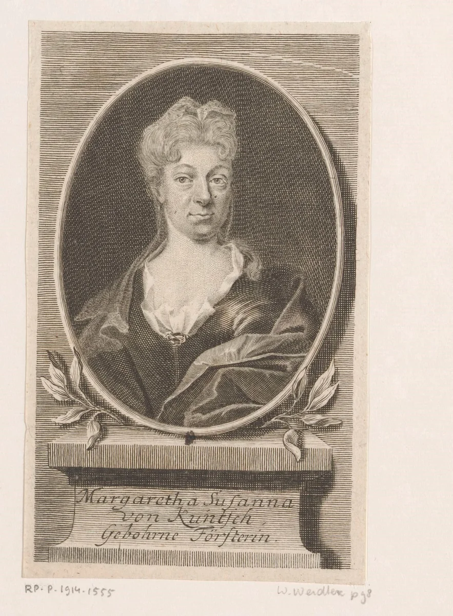 Portret van Margaretha Susanna von Kuntsch by Martin Bernigeroth, print, 1680-1733