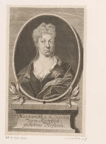 Portret van Margaretha Susanna von Kuntsch by Martin Bernigeroth, print, 1680-1733