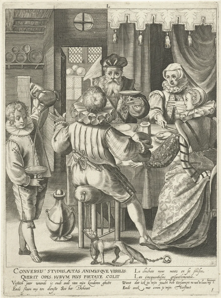 Vijfde levensfase van vijftig jaar met oudere man met vrouw en kinderen aan tafel by Assuerus van Londerseel, print, 1598-1602
